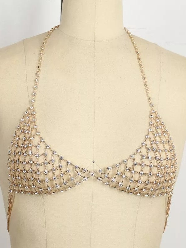 Women Rhinestone Crystal Bralette tassel bra jewelry body chain party  Customes D