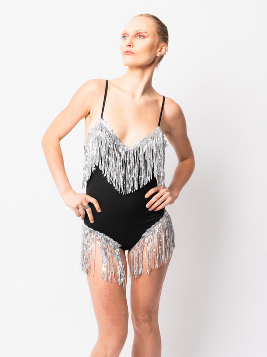 Silver Black Shimmy Bodysuit