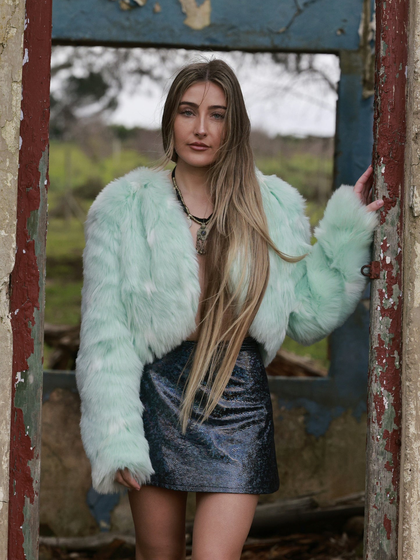 Mint fur crop jacket